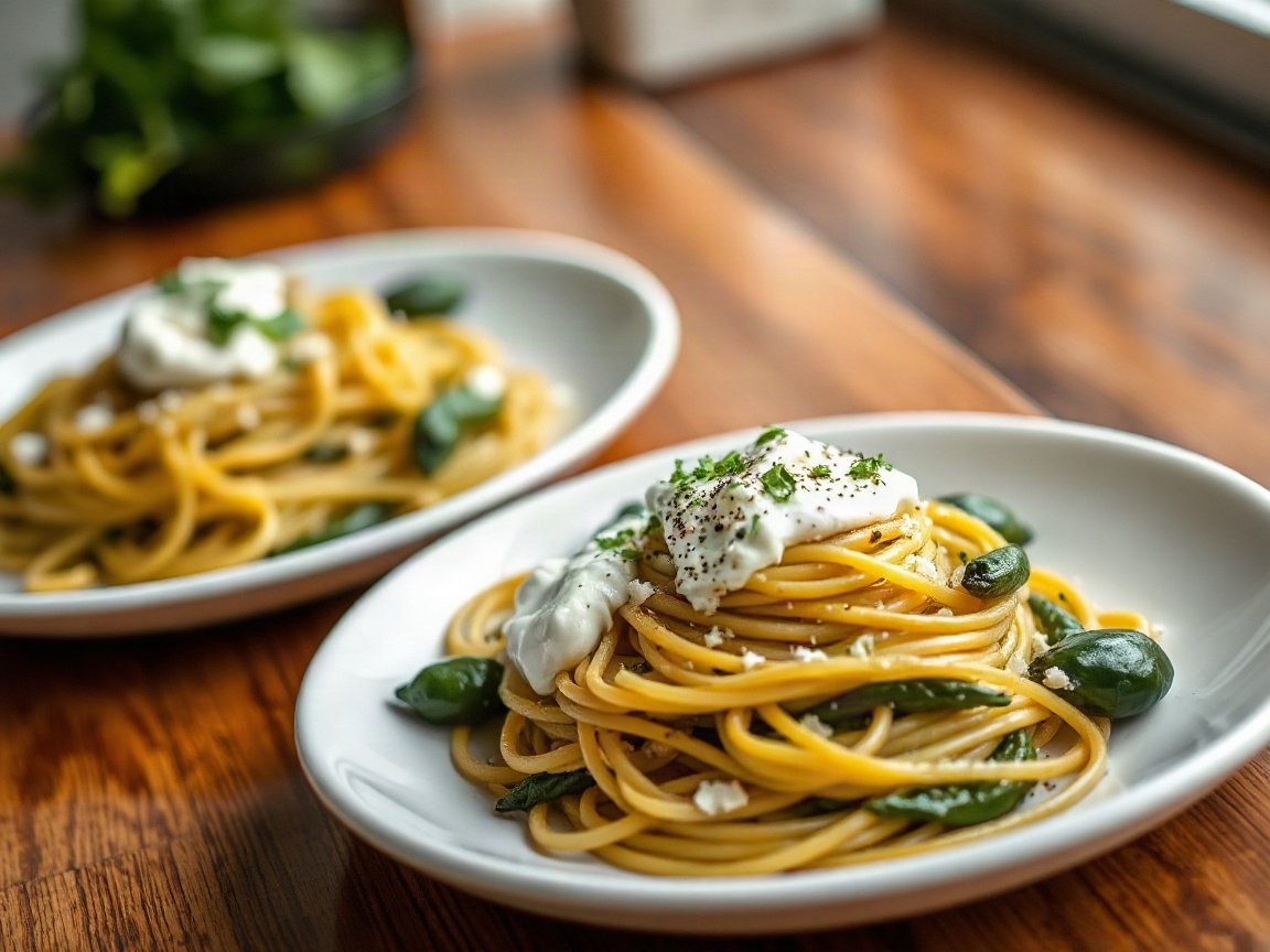 Green Spaghetti for Two (Creamy Roasted Poblano Espagueti Verde) 5 Green Spaghetti for Two (Creamy Roasted Poblano Espagueti Verde) plated as two servings, close-up