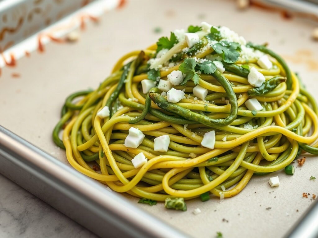 Green Spaghetti for Two (Creamy Roasted Poblano Espagueti Verde), fully cooked and ready to serve for two