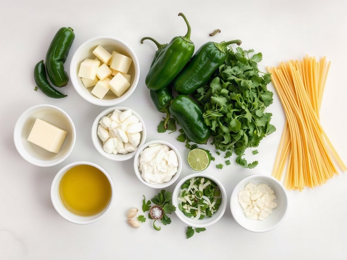Green Spaghetti for Two (Creamy Roasted Poblano Espagueti Verde) 4 Ingredients for Green Spaghetti for Two (Creamy Roasted Poblano Espagueti Verde): poblano peppers, spaghetti, butter, white onion, garlic, cream cheese, sour cream, broth, cilantro, lime juice, salt, black pepper and cotija