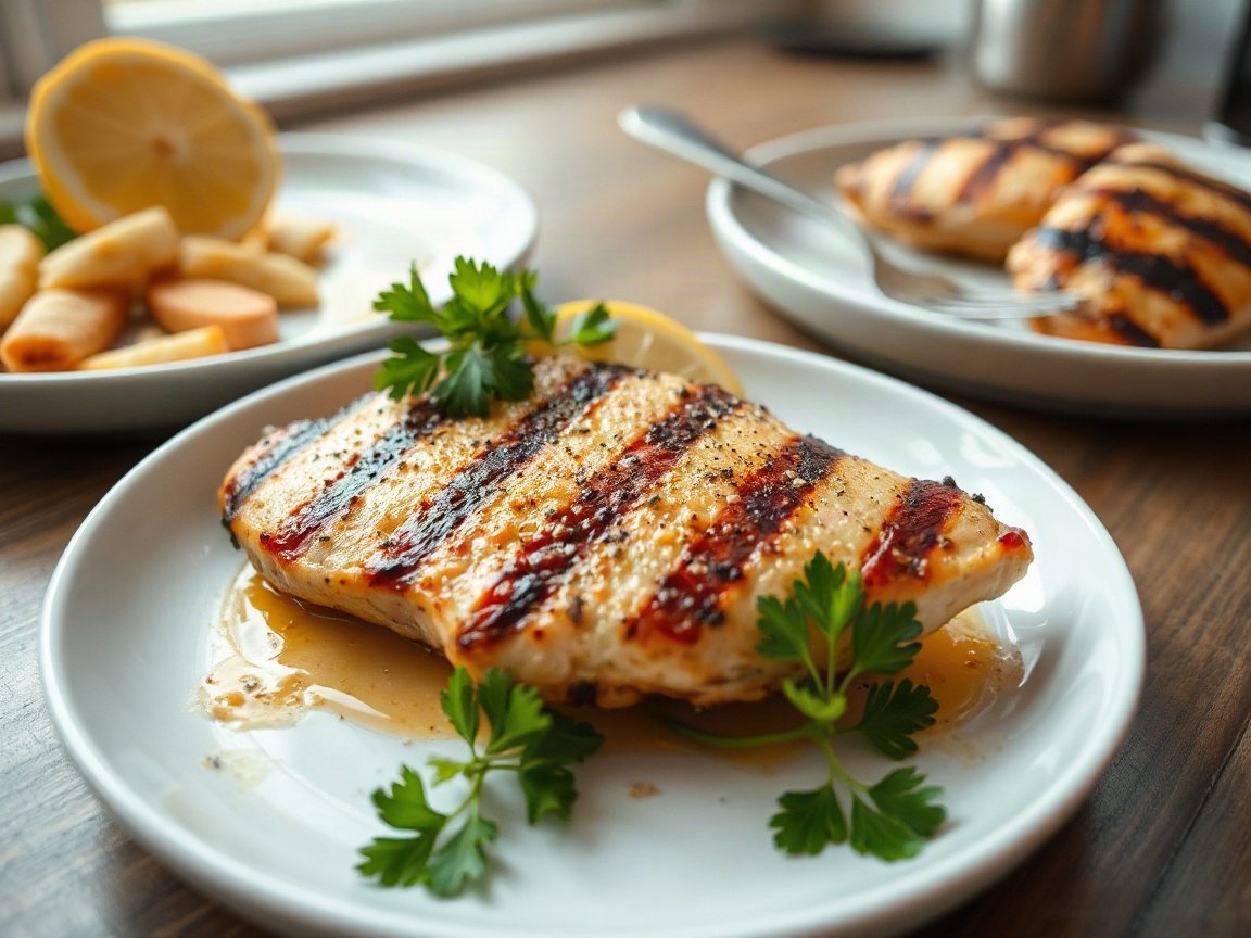 Lemon Garlic Grilled Chicken Breast plated as two servings, close-up