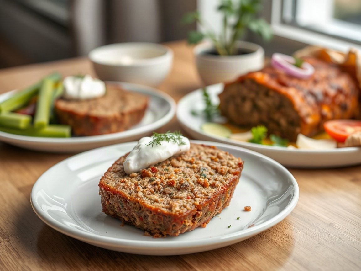 Gyro Meatloaf plated as two servings, close-up