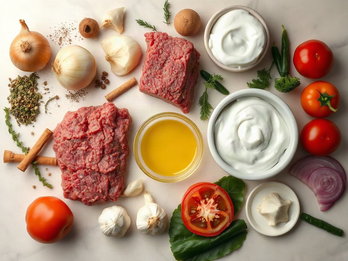 Ingredients for Gyro Meatloaf: ground lamb, ground beef, onion, garlic, dried oregano, dried thyme, ground cumin, kosher salt, black pepper, cinnamon, olive oil, Greek yogurt, cucumber, garlic for sauce, lemon juice, dill, pita, tomato and red onion