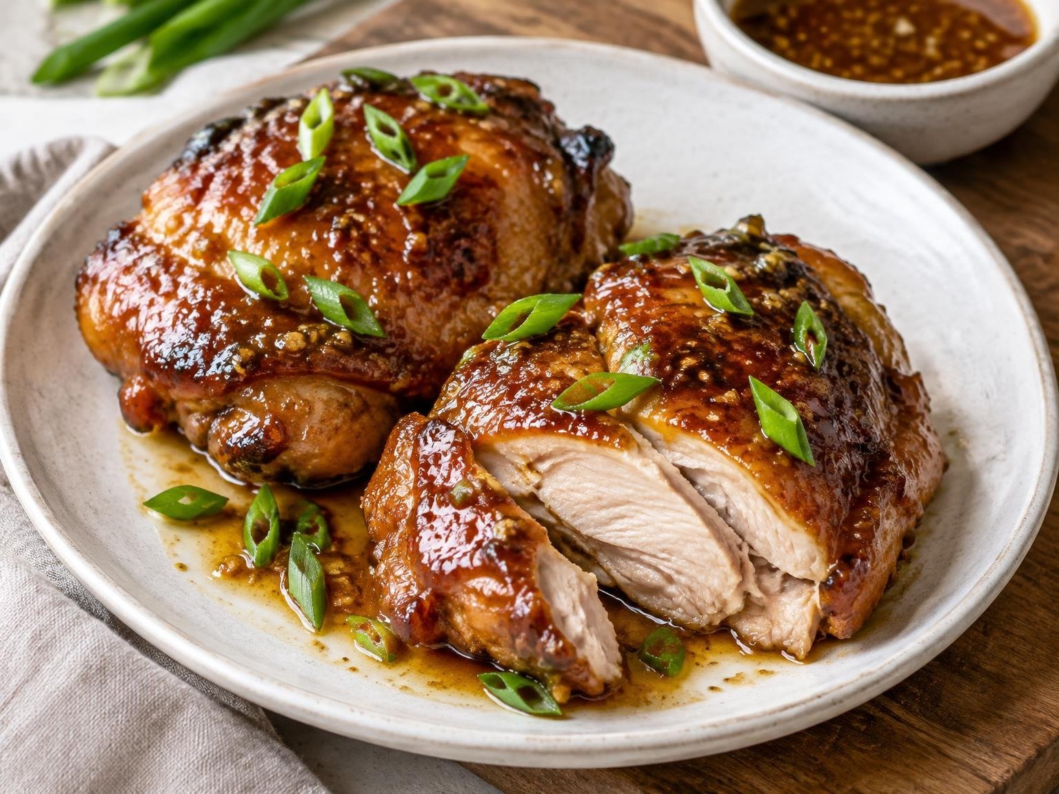 Honey Garlic Chicken Thighs served: Two honey garlic chicken thighs on a white plate, sticky glaze shining, a little pan sauce spooned over, sliced green onion on top, one thigh cut to show the juicy inside.