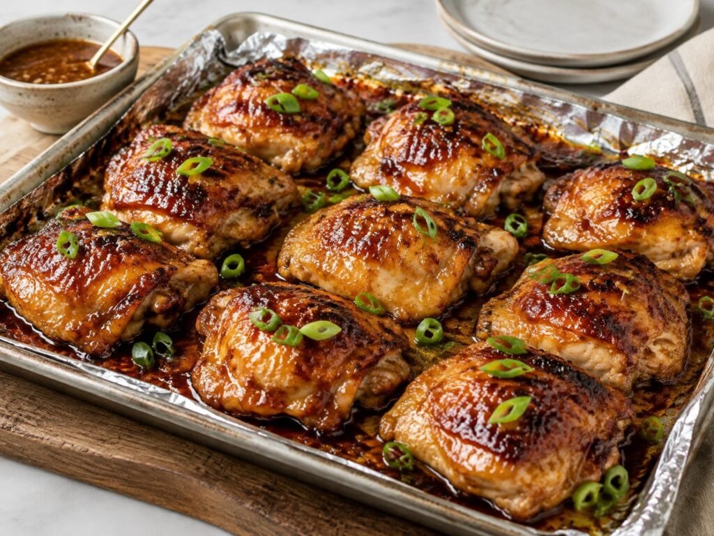 Honey Garlic Chicken Thighs: Glossy honey garlic chicken thighs on a foil-lined sheet pan straight from the oven, sticky caramelized glaze with browned edges, sliced green onion scattered on top.