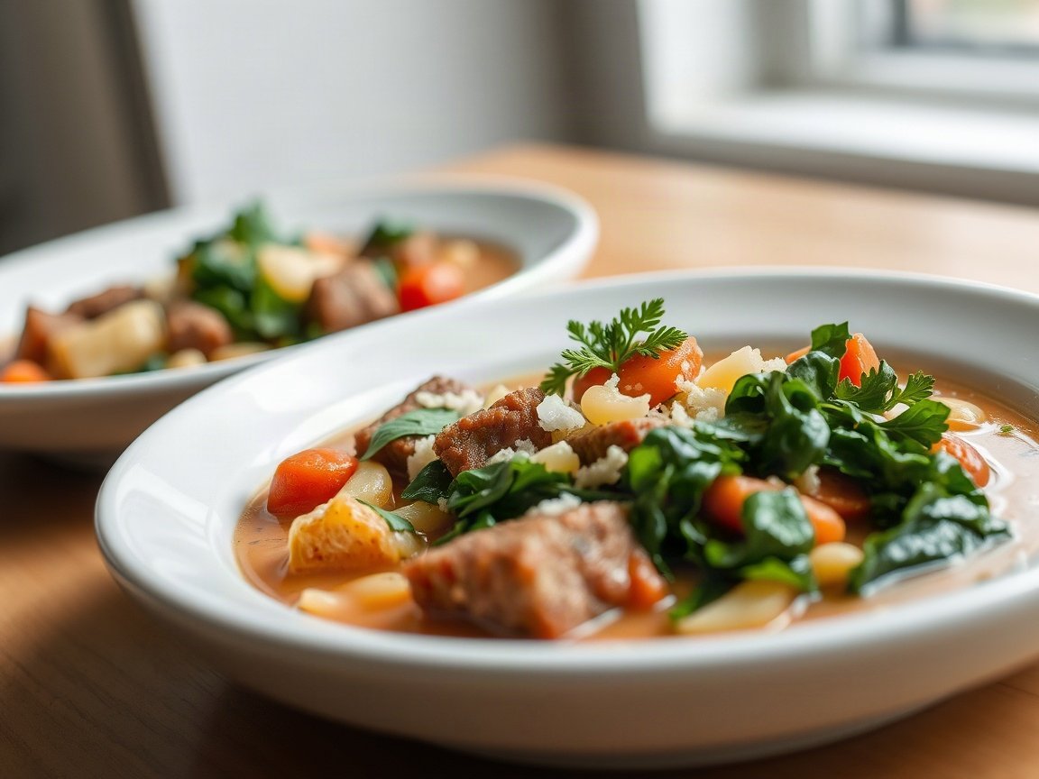 Italian Wedding Soup plated as two servings, close-up