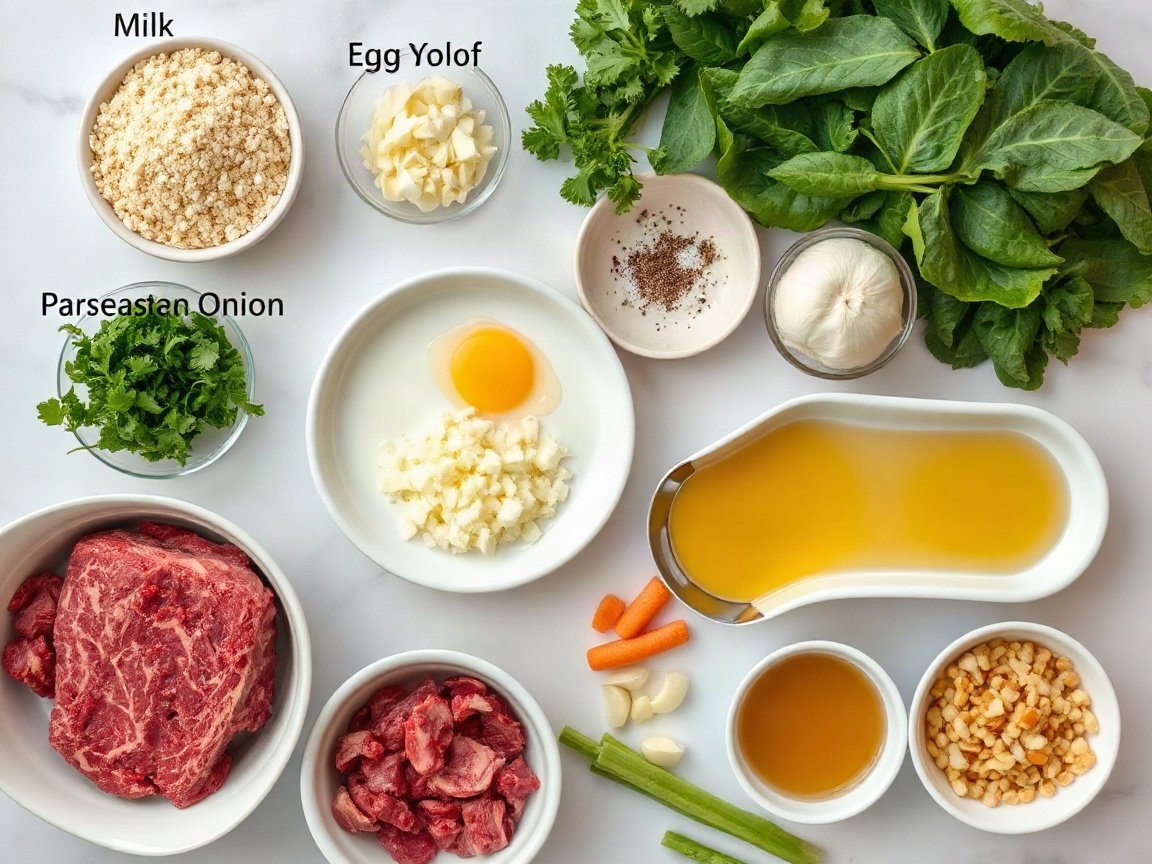 Ingredients for Italian Wedding Soup: fresh breadcrumbs, milk, egg yolk, Parmesan, grated onion, parsley, garlic, kosher salt, black pepper, ground beef, olive oil, diced onion, carrot, celery, chicken broth, acini di pepe and escarole