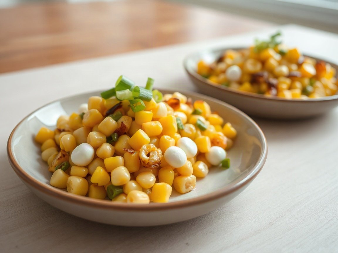 Korean Corn Cheese for Two (Cheesy Skillet Corn) 5 Korean Corn Cheese plated as two servings, close-up