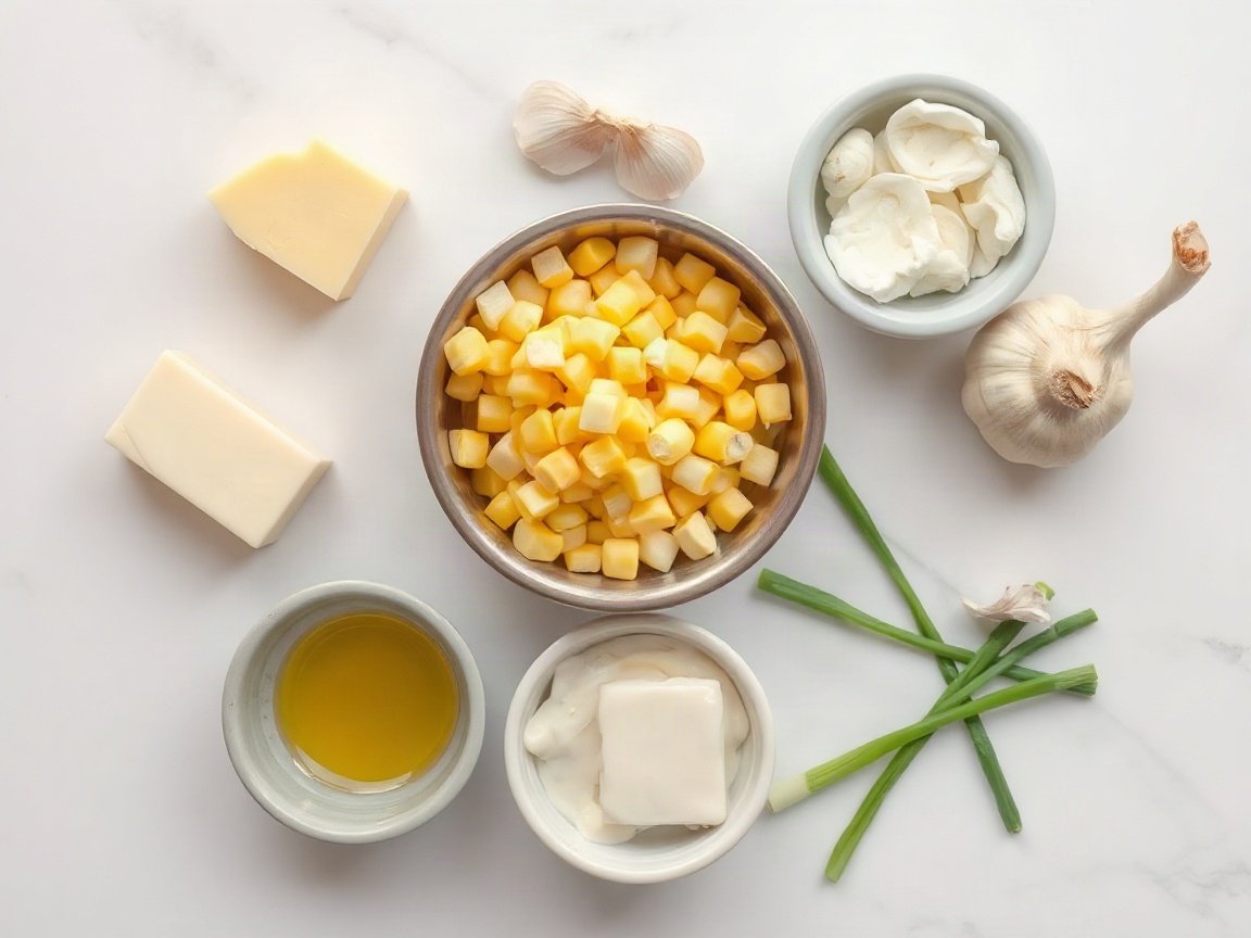 Korean Corn Cheese for Two (Cheesy Skillet Corn) 4 Ingredients for Korean Corn Cheese: unsalted butter, yellow onion, garlic, corn kernels, mayonnaise, sugar, salt, mozzarella cheese and green onion