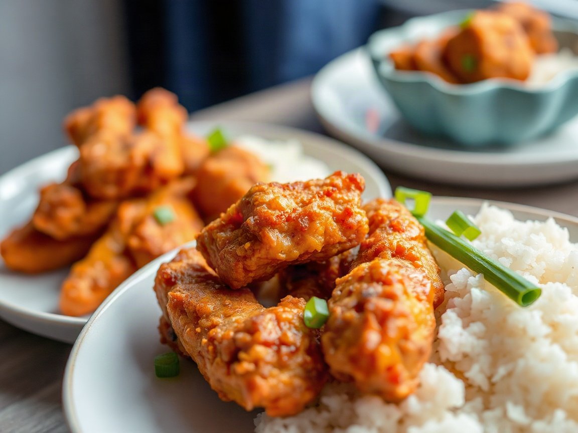 Korean Fried Chicken plated as two servings, close-up
