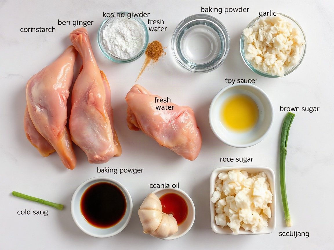 Ingredients for Korean Fried Chicken: chicken thighs, cornstarch, garlic powder, ground ginger, baking powder, kosher salt, white pepper, garlic, fresh ginger, cold water, soy sauce, rice vinegar, canola oil, brown sugar, gochujang, sesame oil, scallion and rice