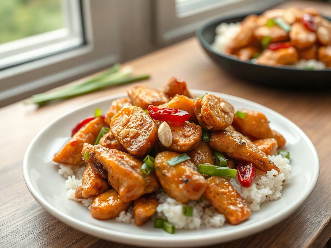 Kung Pao Chicken for Two (Easy, Saucy and Peanut-Crunchy) 5 Kung Pao Chicken plated as two servings, close-up