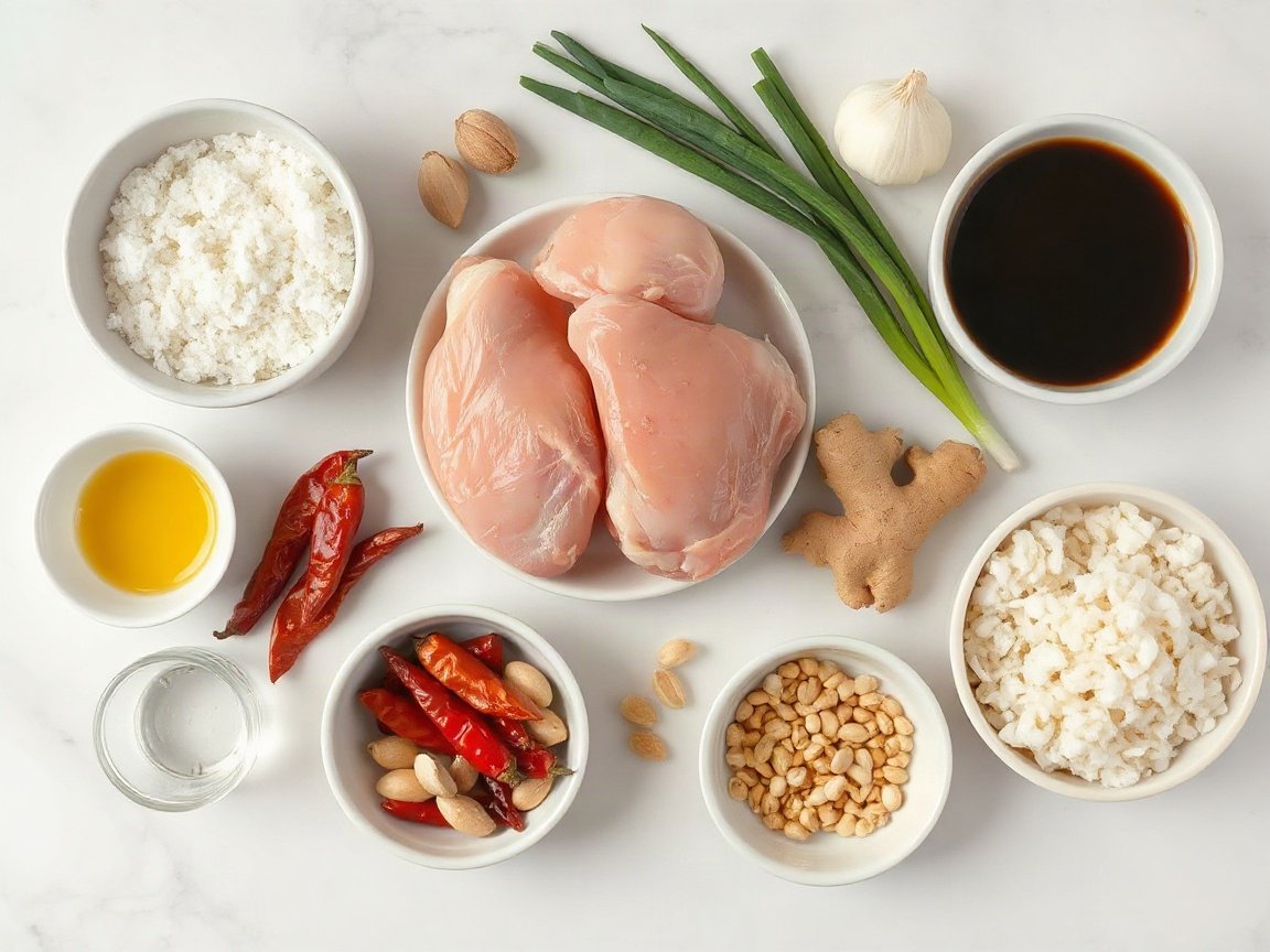 Kung Pao Chicken for Two (Easy, Saucy and Peanut-Crunchy) 4 Ingredients for Kung Pao Chicken: chicken thighs, cornstarch for chicken, soy sauce for chicken, neutral oil, dried red chilies, garlic, ginger, scallions, peanuts, water, soy sauce for sauce, rice vinegar, sugar, cornstarch for sauce, toasted sesame oil and rice