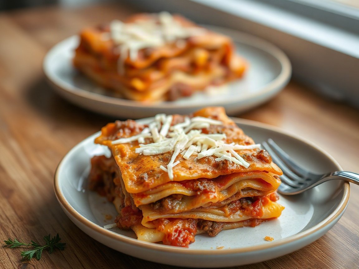 Lasagna Freezer Meal for Two (Small Loaf Pan Lasagna) 5 Freezer Lasagna plated as two servings, close-up
