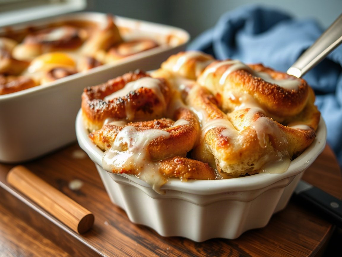 Leftover Cinnamon Roll Bread Pudding served for two, close-up