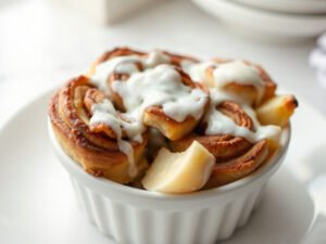 Leftover Cinnamon Roll Bread Pudding, fully cooked and ready to serve for two