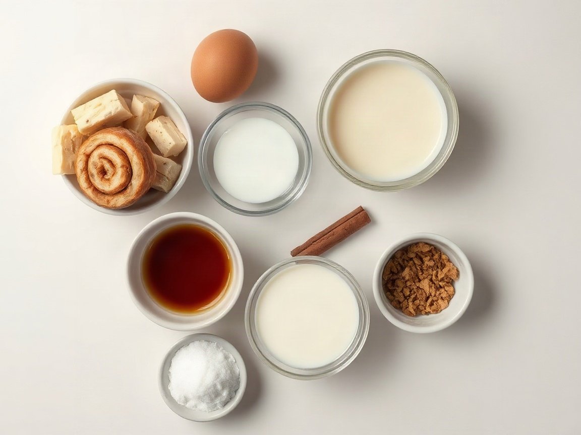 Ingredients for Leftover Cinnamon Roll Bread Pudding: cinnamon rolls, butter, eggs, milk, brown sugar, vanilla, cinnamon, salt, powdered sugar and milk (glaze)