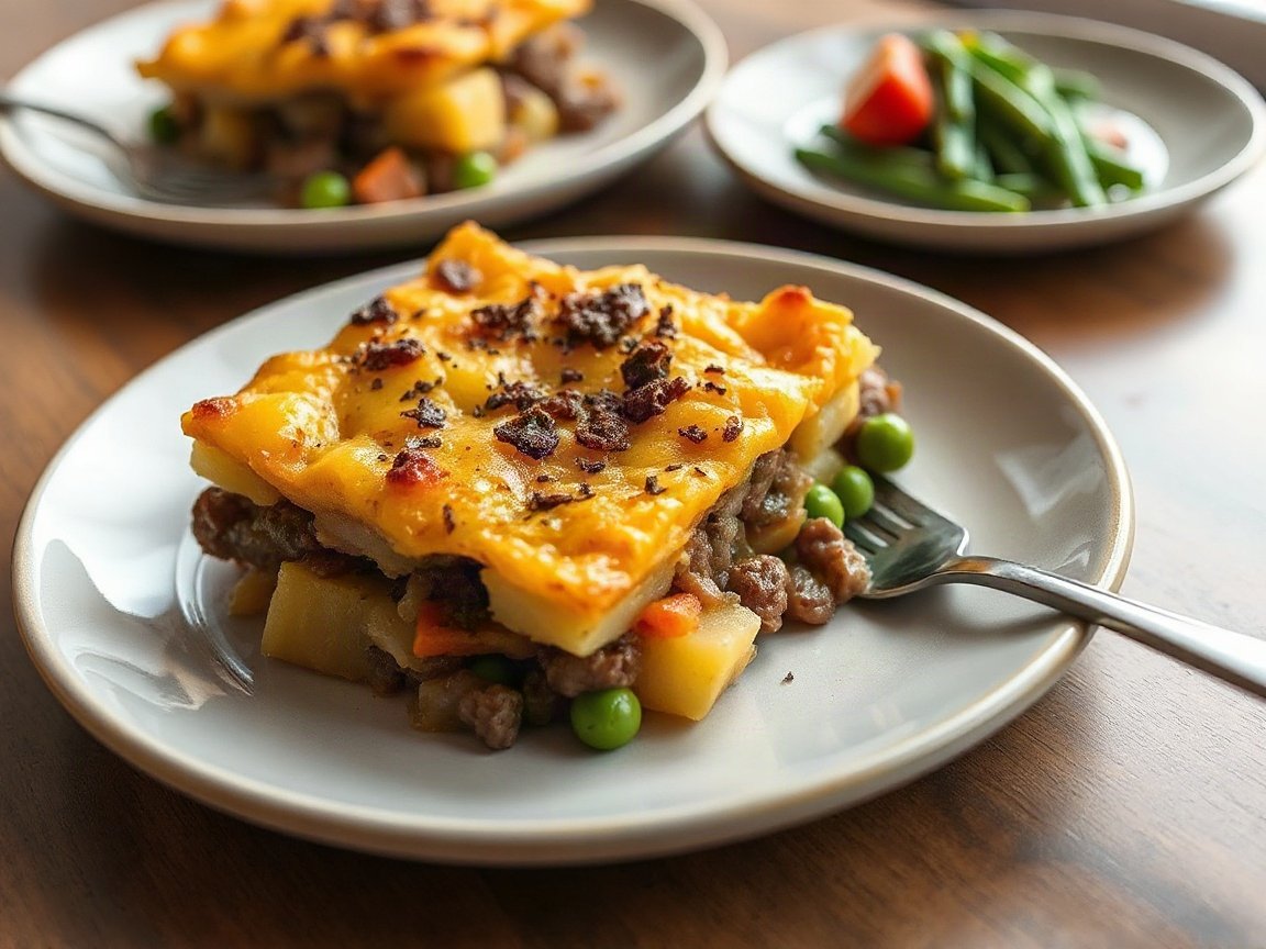 Leftover Lamb Shepherd's Pie plated as two servings, close-up