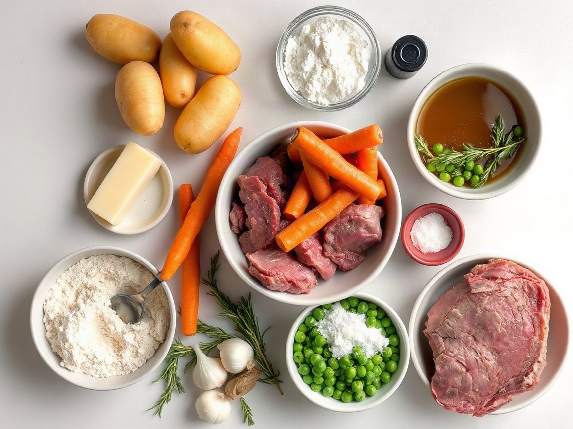 Ingredients for Leftover Lamb Shepherd's Pie: Yukon Gold potatoes, salt, butter, milk, olive oil, yellow onion, carrot, garlic, all-purpose flour, tomato paste, beef broth, Worcestershire sauce, dried rosemary, black pepper, leftover roast lamb and frozen peas