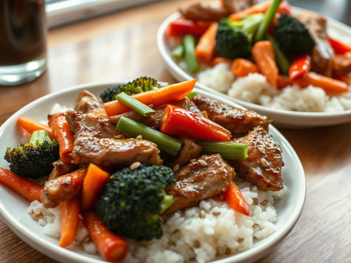 Leftover Pork Stir Fry for Two (Hoisin Garlic Sauce) plated as two servings, close-up