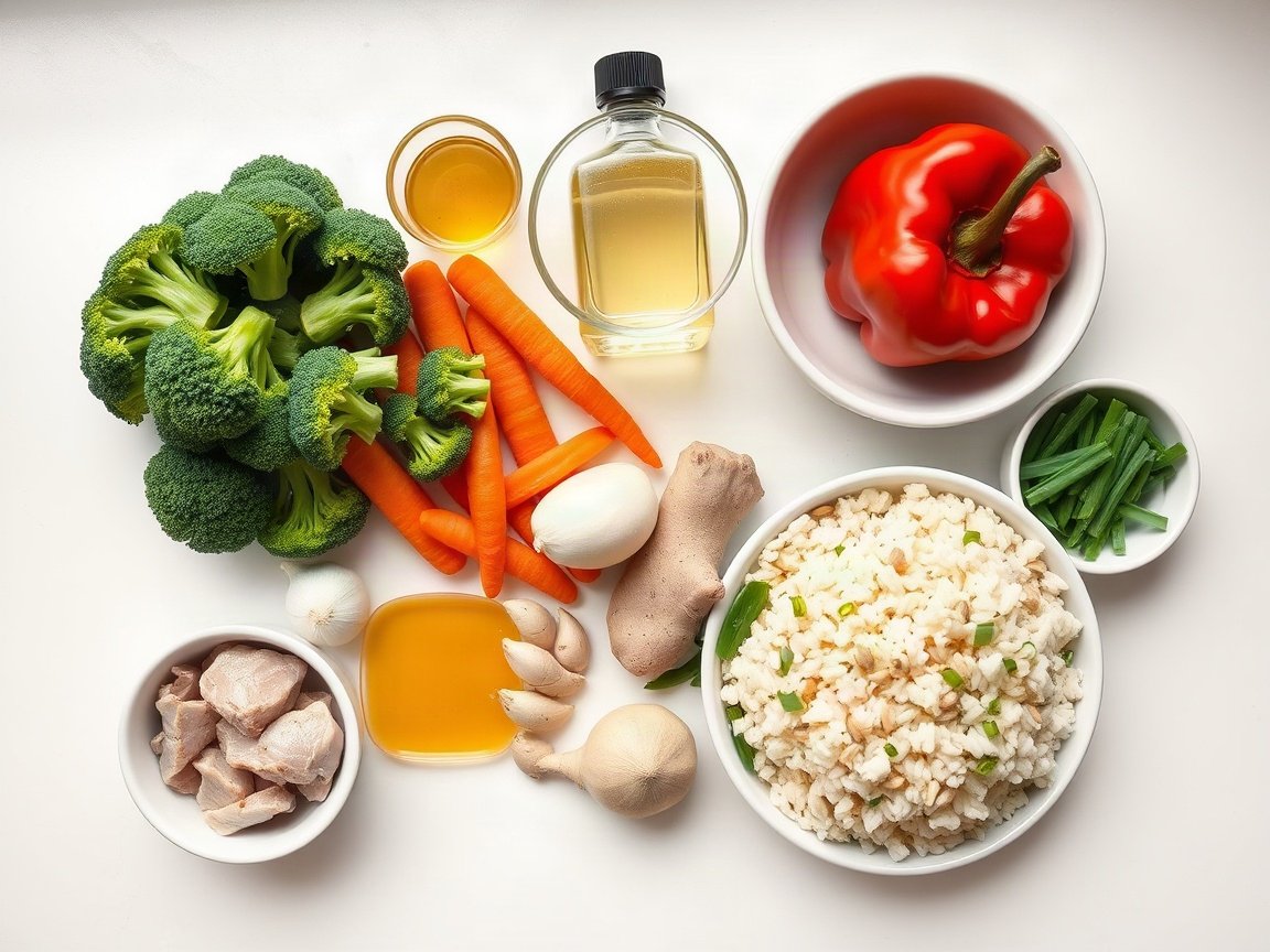Ingredients for Leftover Pork Stir Fry for Two (Hoisin Garlic Sauce): soy sauce, hoisin sauce, rice vinegar, brown sugar, cornstarch, water, oil, broccoli, carrot, red bell pepper, garlic, ginger, cooked pork, sesame oil, green onions, sesame seeds and rice
