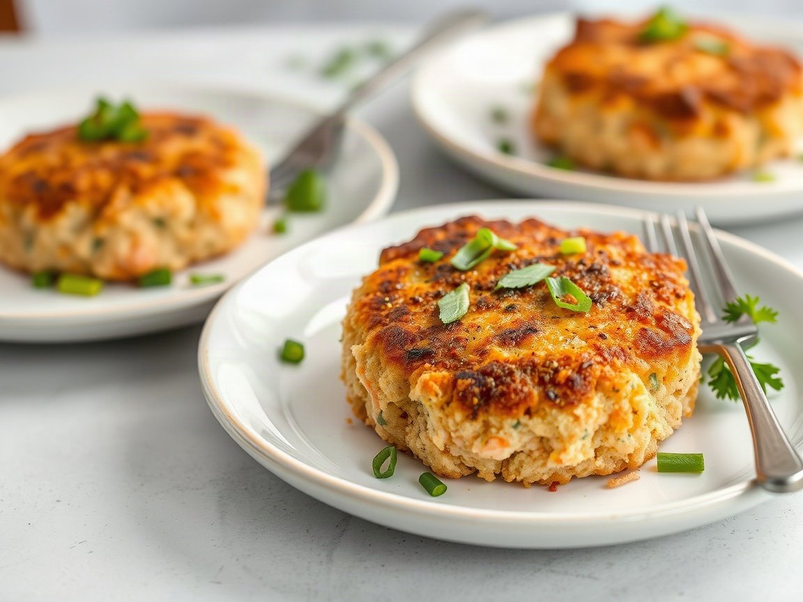 Leftover Salmon Cakes for Two (Crispy and Golden) 5 Leftover Salmon Cakes plated as two servings, close-up