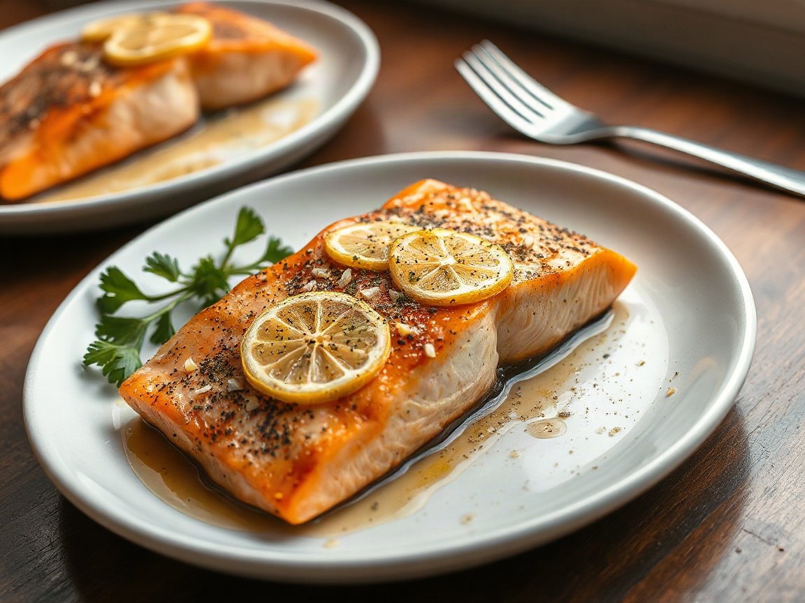 Lemon Pepper Salmon for Two (Easy Salmon for One or Two) 5 Lemon Pepper Salmon for Two (with Lemon Garlic Butter) plated as two servings, close-up