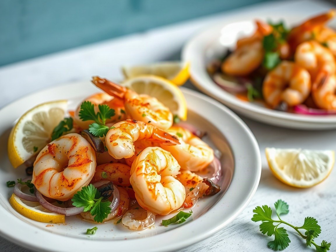 Make Ahead Shrimp Appetizer for Two (Lemon Marinated Shrimp) 5 Make-Ahead Lemon Marinated Shrimp plated as two servings, close-up