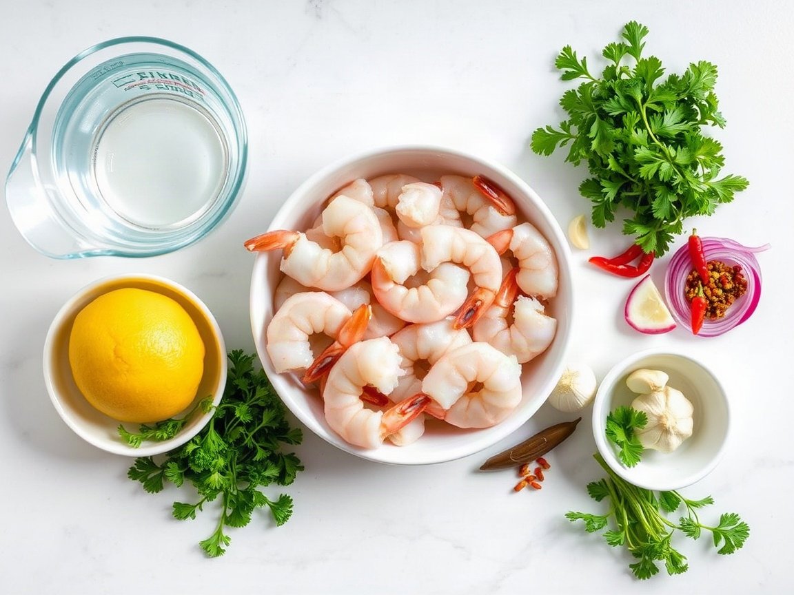 Make Ahead Shrimp Appetizer for Two (Lemon Marinated Shrimp) 4 Ingredients for Make-Ahead Lemon Marinated Shrimp: water, kosher salt, large shrimp, olive oil, lemon, Dijon mustard, seafood seasoning, red pepper flakes, garlic, red onion, bay leaves and fresh parsley