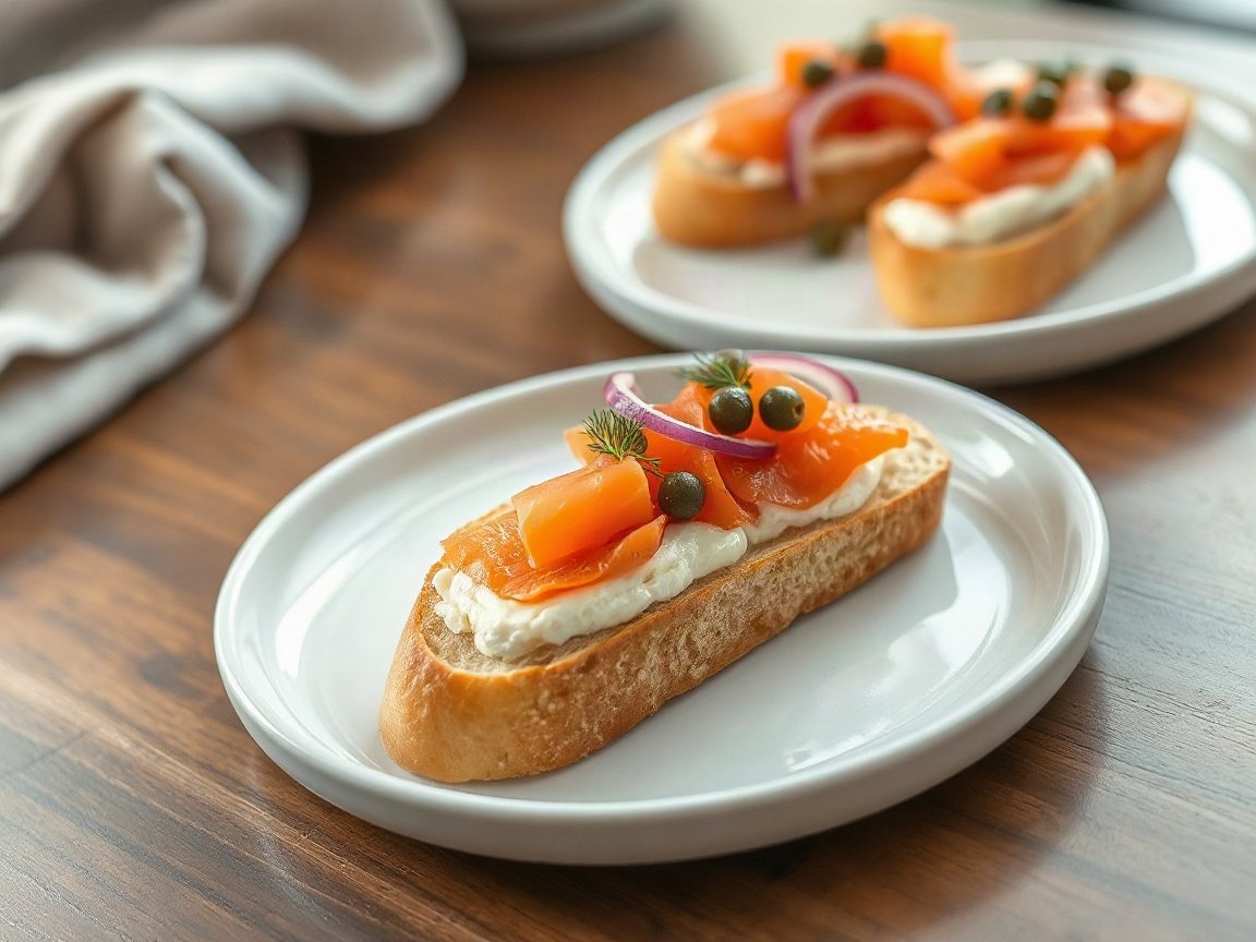Make Ahead Smoked Salmon Appetizer for Two (Easy Crostini) 5 Make Ahead Smoked Salmon Crostini plated as two servings, close-up