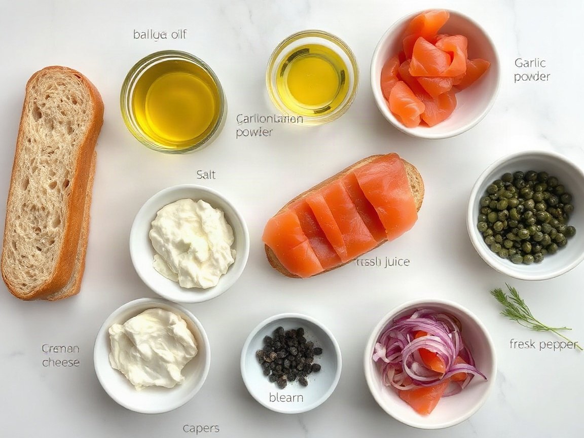 Make Ahead Smoked Salmon Appetizer for Two (Easy Crostini) 4 Ingredients for Make Ahead Smoked Salmon Crostini: baguette, olive oil, salt, garlic powder, cream cheese, mayonnaise, lemon juice, fresh dill, black pepper, smoked salmon, capers and red onion