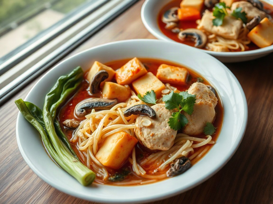 Malatang for Two (Spicy Numbing Hot Pot Soup) plated as two servings, close-up