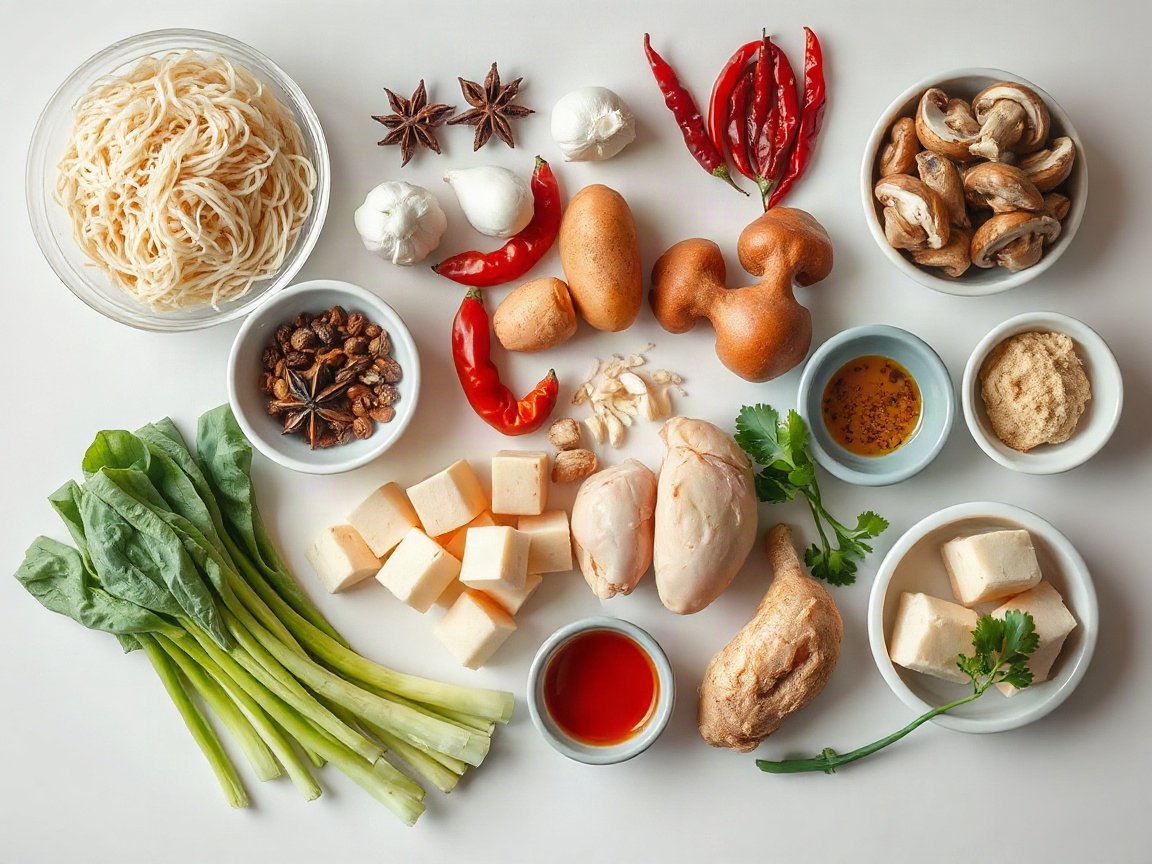 Ingredients for Malatang for Two (Spicy Numbing Hot Pot Soup): glass noodles, neutral oil, Sichuan peppercorns, dried red chilies, star anise, garlic, ginger, green onions, doubanjiang, chicken broth, soy sauce, sugar, potato, mushrooms, chicken thighs, firm tofu, baby bok choy, sesame paste, toasted sesame oil, roasted peanuts and cilantro