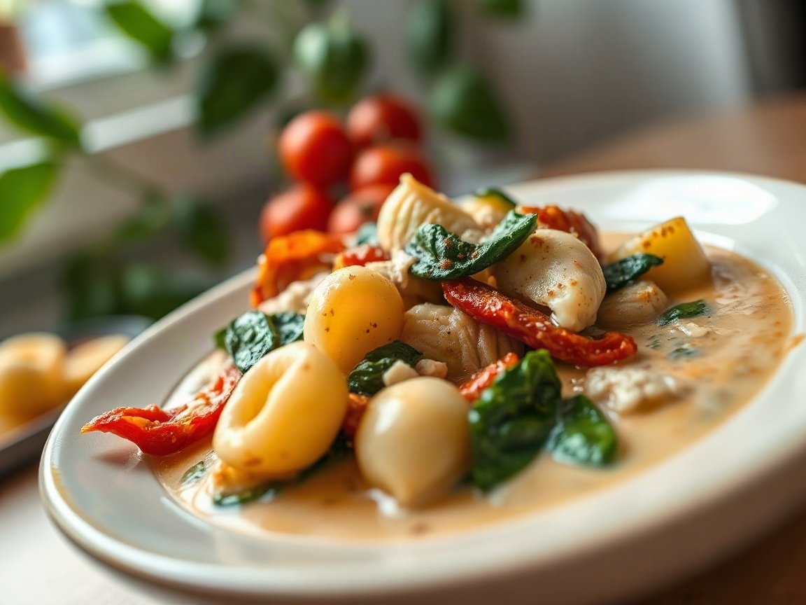 Marry Me Chicken Gnocchi Soup for Two (Creamy One-Pot Dinner) 5 Marry Me Chicken Gnocchi Soup plated as two servings, close-up