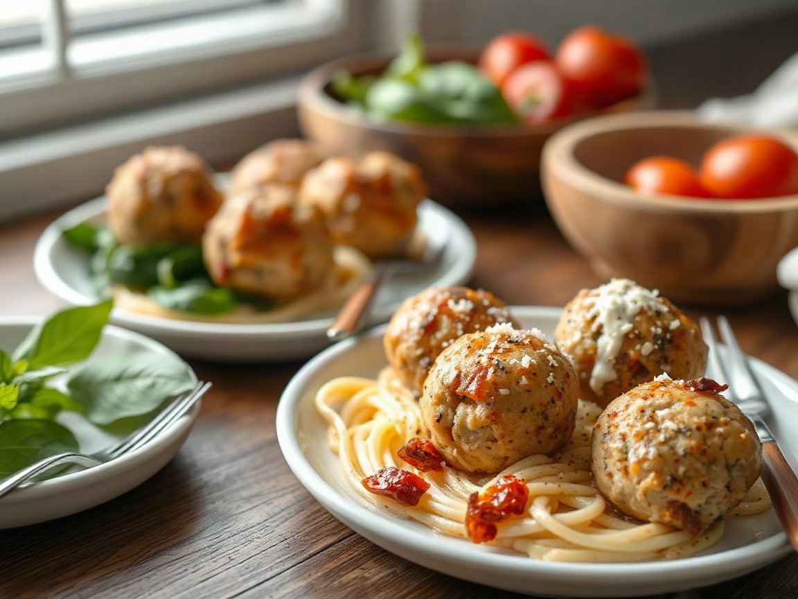 Marry Me Chicken Meatballs for Two (Creamy Sun-Dried Tomato Sauce) 5 Marry Me Chicken Meatballs plated as two servings, close-up