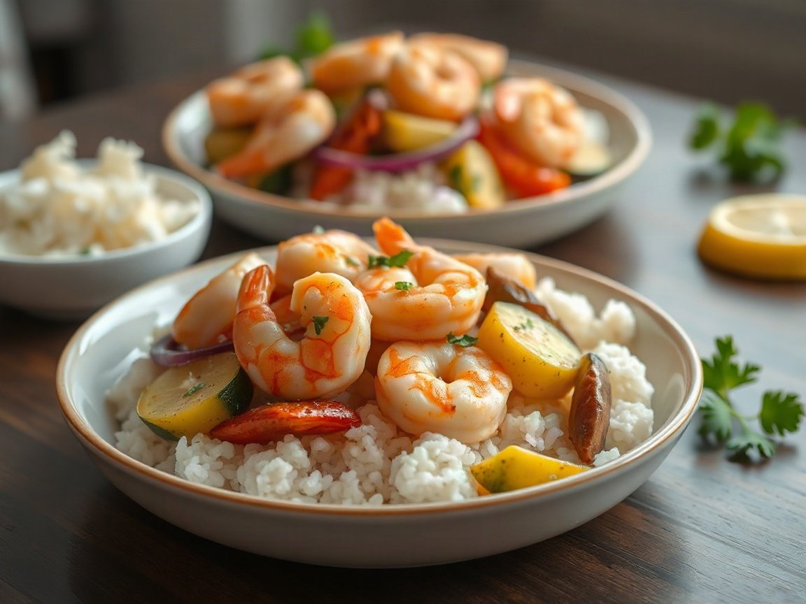 Meal Prep Shrimp for Two (Garlic Shrimp and Veggie Rice Bowls) 5 Garlic Shrimp Meal Prep Bowls plated as two servings, close-up