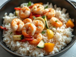 Garlic Shrimp Meal Prep Bowls, fully cooked and ready to serve for two