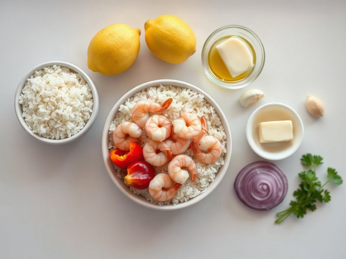 Meal Prep Shrimp for Two (Garlic Shrimp and Veggie Rice Bowls) 4 Ingredients for Garlic Shrimp Meal Prep Bowls: long-grain white rice, water, large shrimp, Italian seasoning, salt, black pepper, olive oil, butter, garlic, bell pepper, zucchini, red onion, lemon and fresh parsley