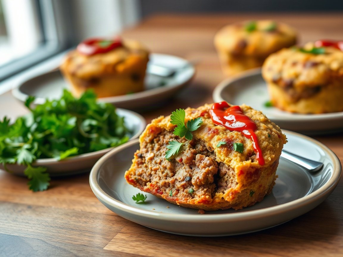 Meatloaf Mini Muffins for Two (Glazed, Ready in 40 Minutes) 5 Meatloaf Mini Muffins plated as two servings, close-up