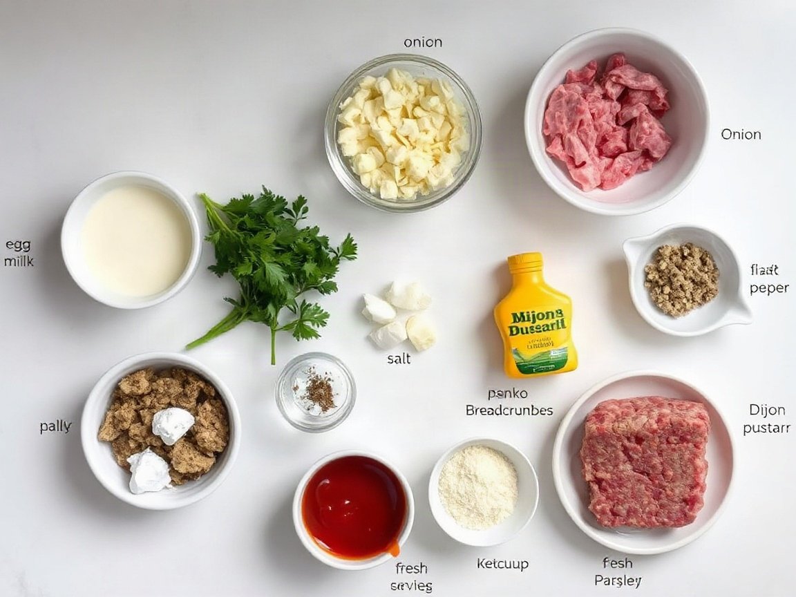 Meatloaf Mini Muffins for Two (Glazed, Ready in 40 Minutes) 4 Ingredients for Meatloaf Mini Muffins: egg, milk, panko breadcrumbs, onion, fresh parsley, garlic powder, salt, black pepper, lean ground beef, ketchup, brown sugar and Dijon mustard