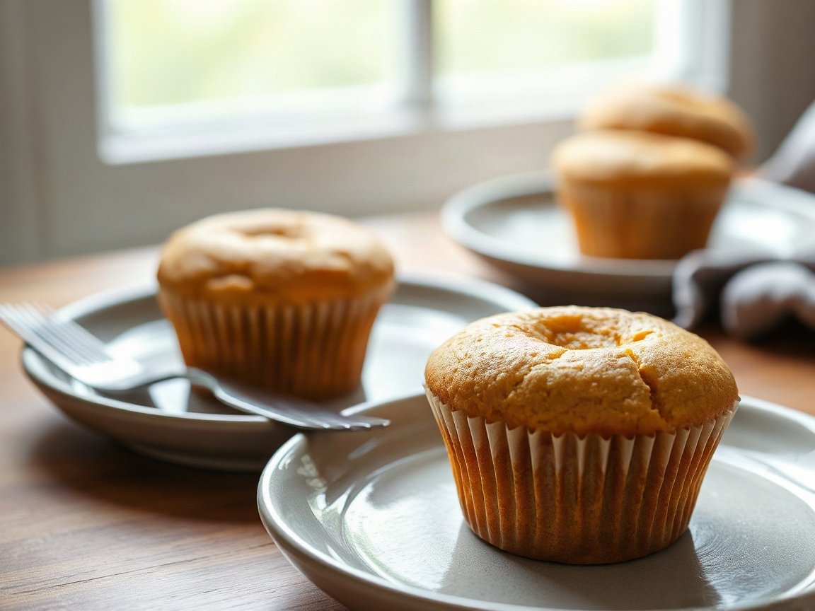Mini Pumpkin Muffins with Cream Cheese for Two (12 Muffins) 5 Mini Pumpkin Cream Cheese Muffins plated as two servings, close-up