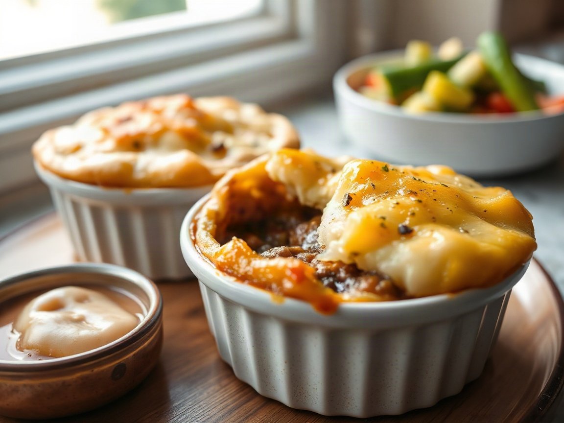 Mini Shepherd's Pie for Two (Individual Ramekin Pies) 5 Mini Shepherd's Pies served as two portions, close-up