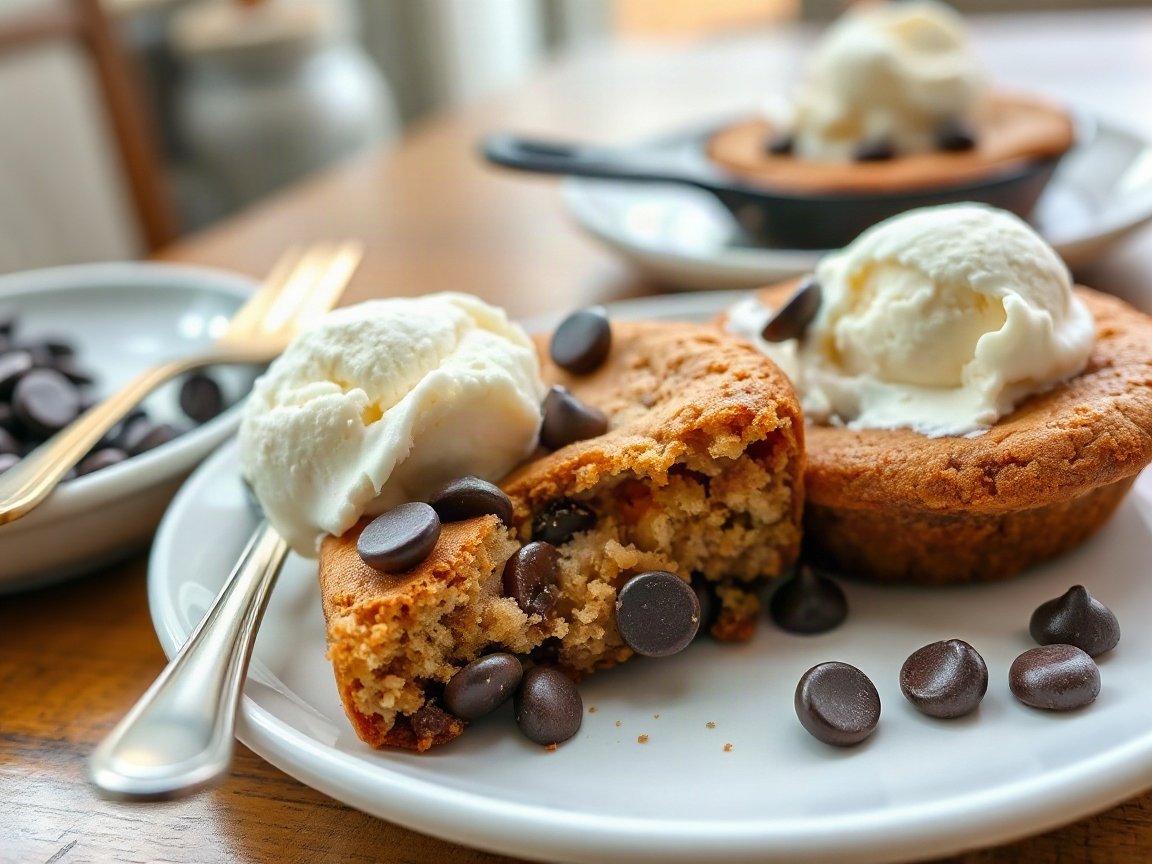 Mini Skillet Cookie for Two (Warm Chocolate Chip Cookie) 5 Mini Skillet Cookie plated as two servings, close-up