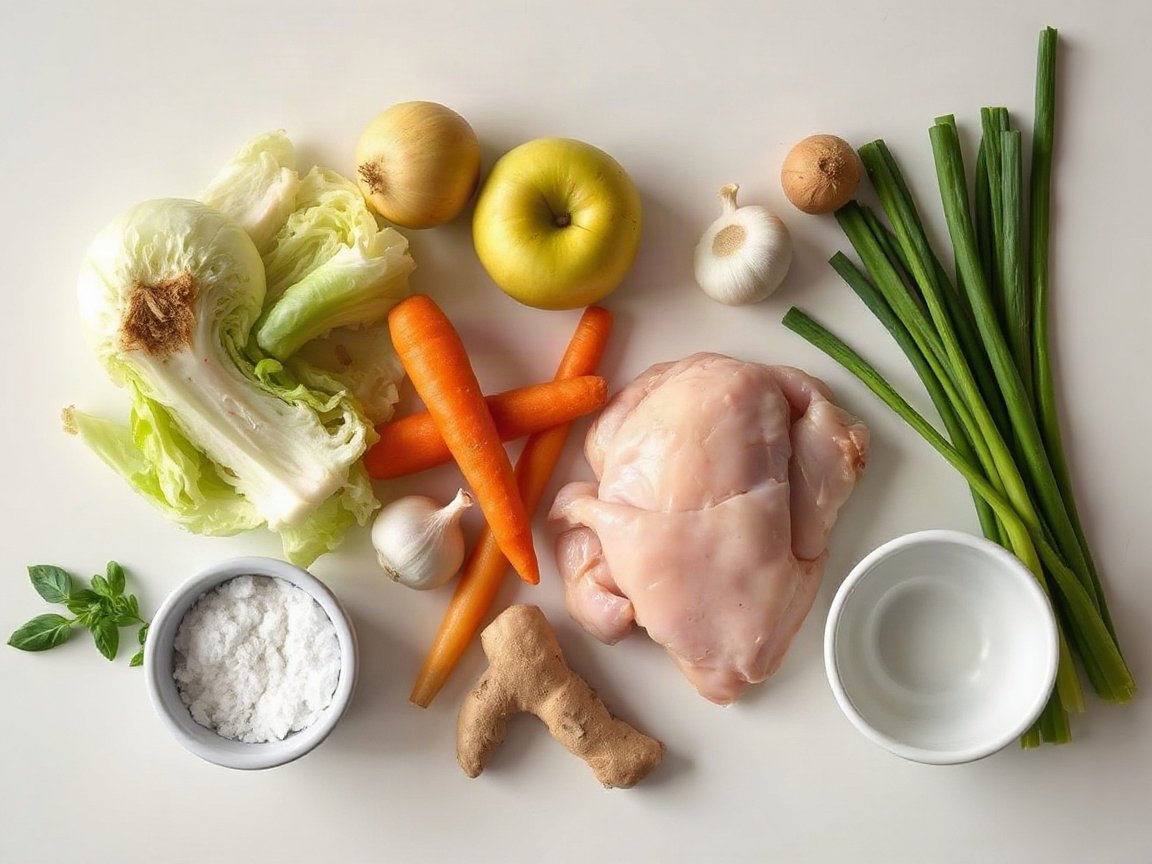 No Water Chicken Soup for Two (Napa Cabbage, Apple and Ginger) 4 Ingredients for No Water Chicken Soup for Two (Napa Cabbage, Apple and Ginger): yellow onion, napa cabbage, carrot, apple, garlic, ginger, chicken, water, kosher salt and green onions