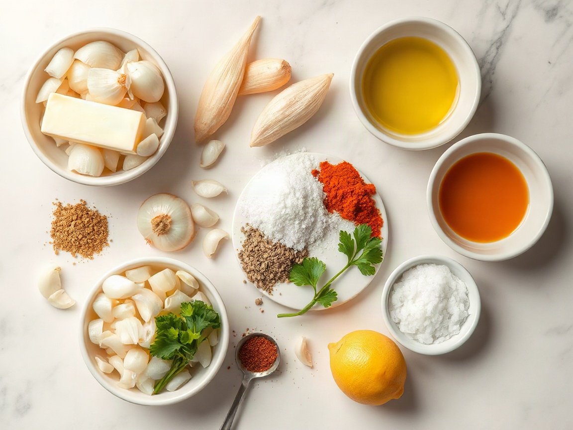 Ingredients for Onion Boil: sweet onions, butter, garlic, Cajun seasoning, Old Bay seasoning, smoked paprika, olive oil, salt, parsley and lemon