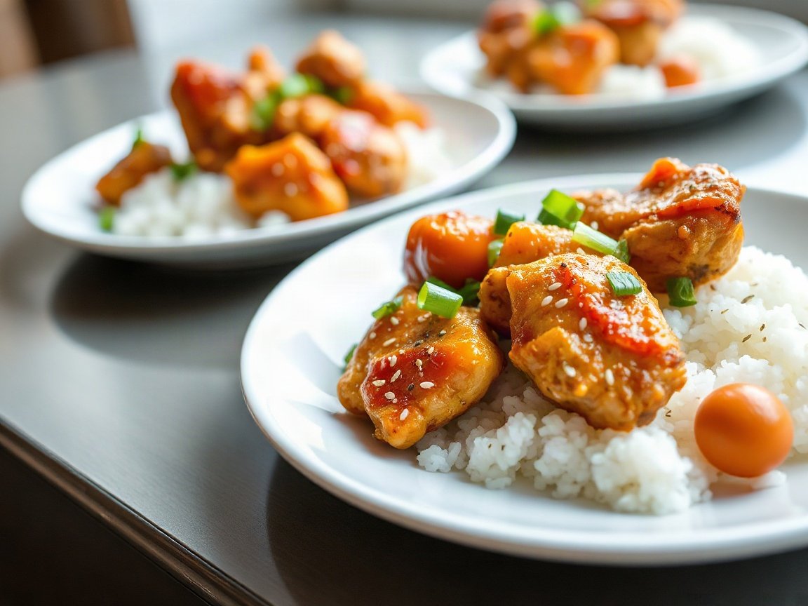 Orange Chicken plated as two servings, close-up