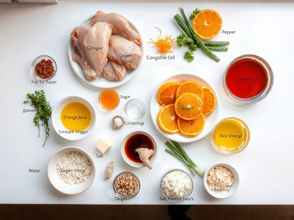 Ingredients for Orange Chicken: chicken, soy sauce for the chicken, ginger for the chicken, pepper, cornstarch for mixing, cornstarch for coating, vegetable oil, orange juice, orange zest, cornstarch for sauce, water, rice vinegar, sugar, soy sauce for the sauce, salt, ginger for the sauce, garlic, green onion, sesame seeds and rice
