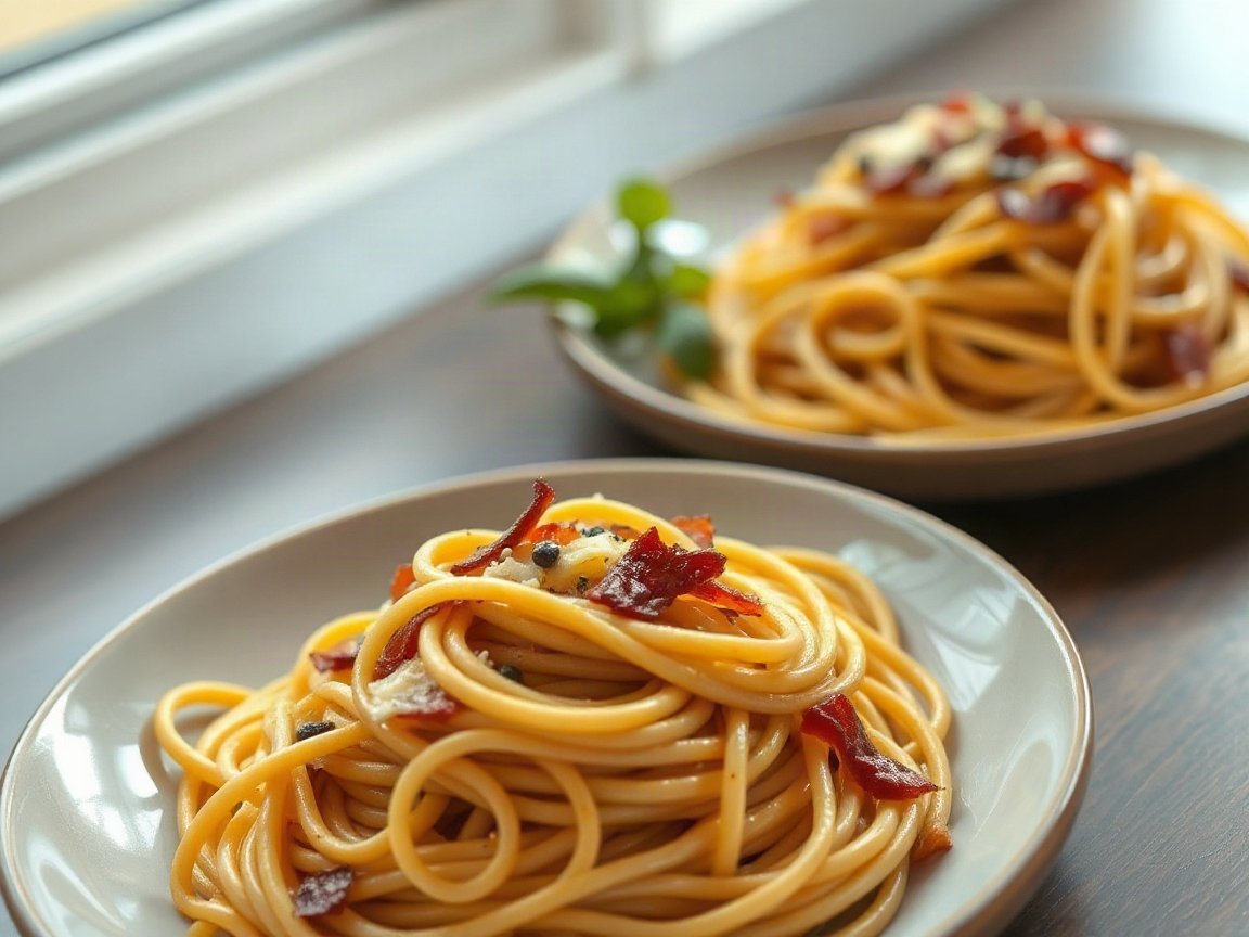 Pasta Carbonara for Two (Creamy, No Cream) 5 Pasta Carbonara plated as two servings, close-up