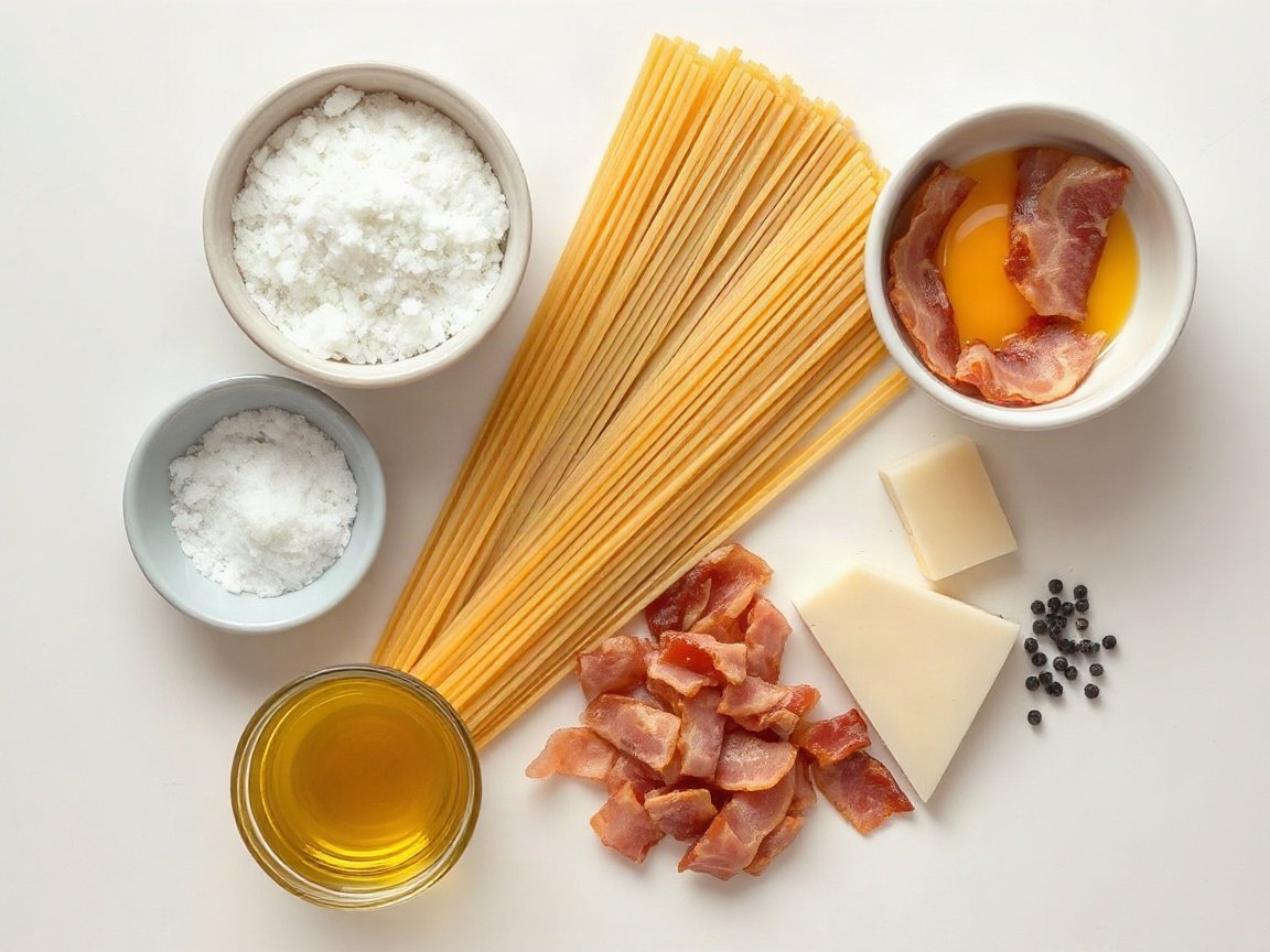 Pasta Carbonara for Two (Creamy, No Cream) 4 Ingredients for Pasta Carbonara: kosher salt, spaghetti, pancetta or thick-cut bacon, olive oil, eggs, egg yolk, Parmesan or Pecorino Romano and black pepper