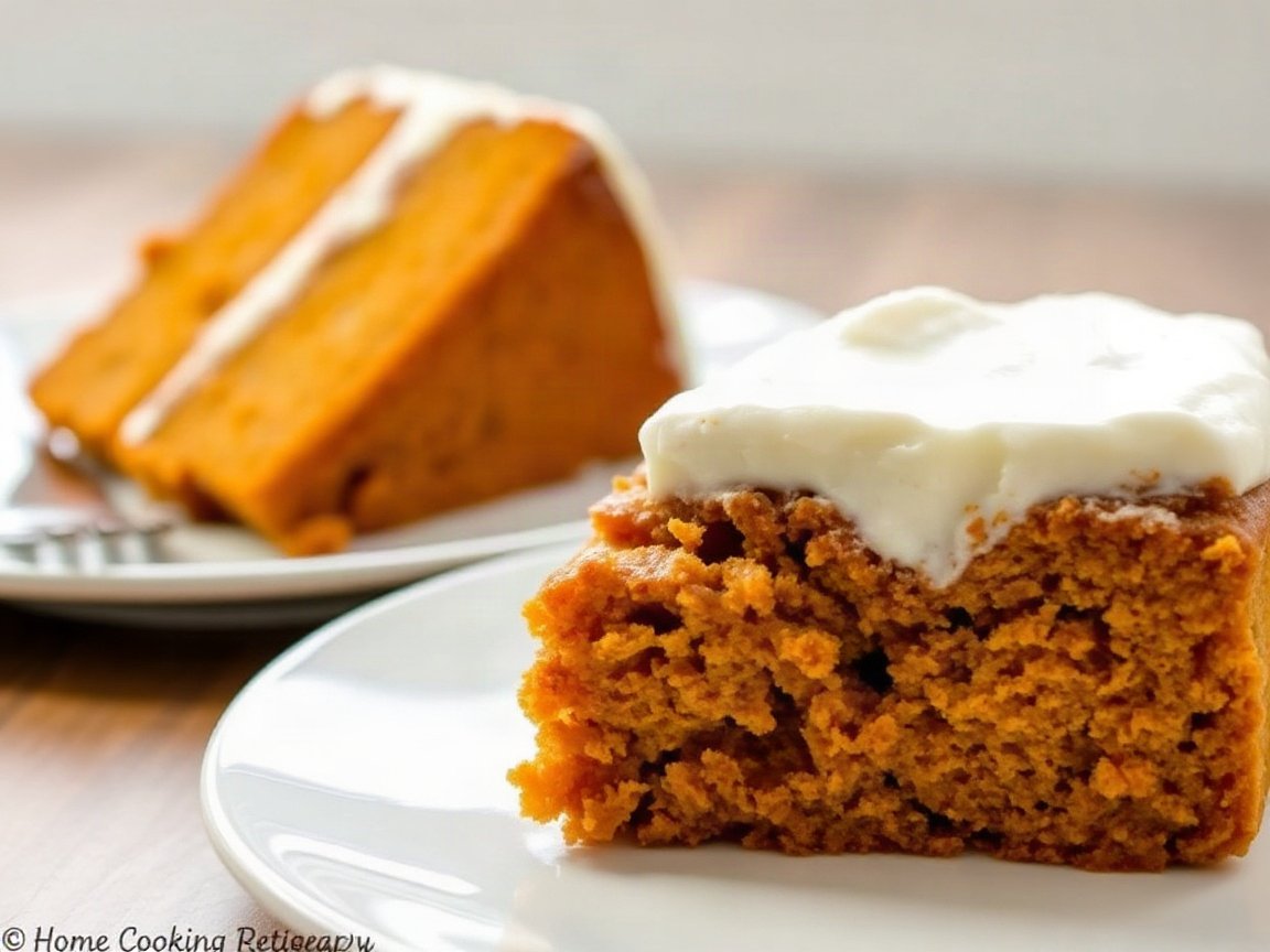 Pumpkin Cake with Cream Cheese Frosting for Two (6-Inch) 5 Pumpkin Cake with Cream Cheese Frosting plated as two servings, close-up