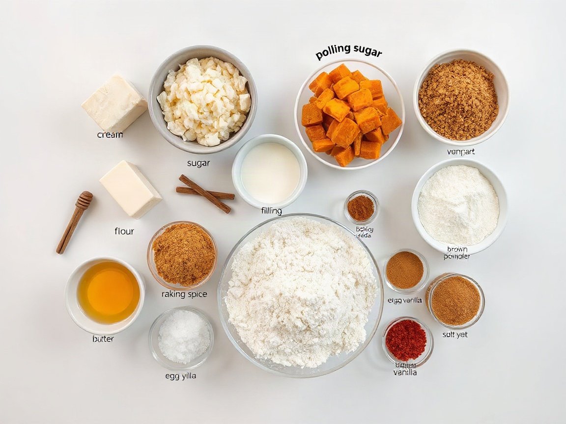 Ingredients for Pumpkin Cheesecake Cookies: cream cheese, filling sugar, filling vanilla, spiced sugar, rolling spice, pumpkin, flour, dough spice, baking powder, baking soda, salt, butter, brown sugar, egg yolk and dough vanilla